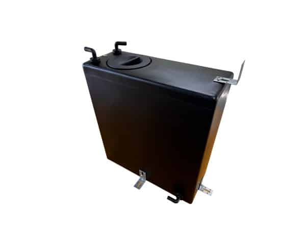 black 31 litre camper tank with plumbing and fitting kit attached